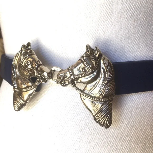 MOVING SALE!! Raina Navy Blue Leather Belt Horsehead Clasp S-M - Picture 3 of 5